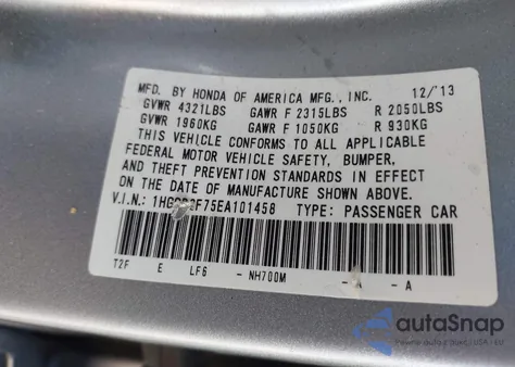 2014 Honda Accord Ex z USA, uszkodzony, nr VIN 1HGCR2F75EA101458